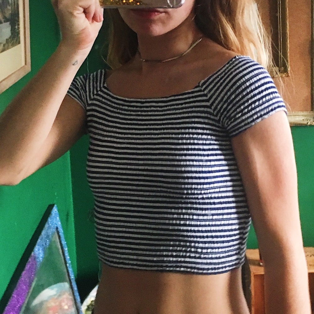 Last chance! XS blue&white Off the Shoulder Crop